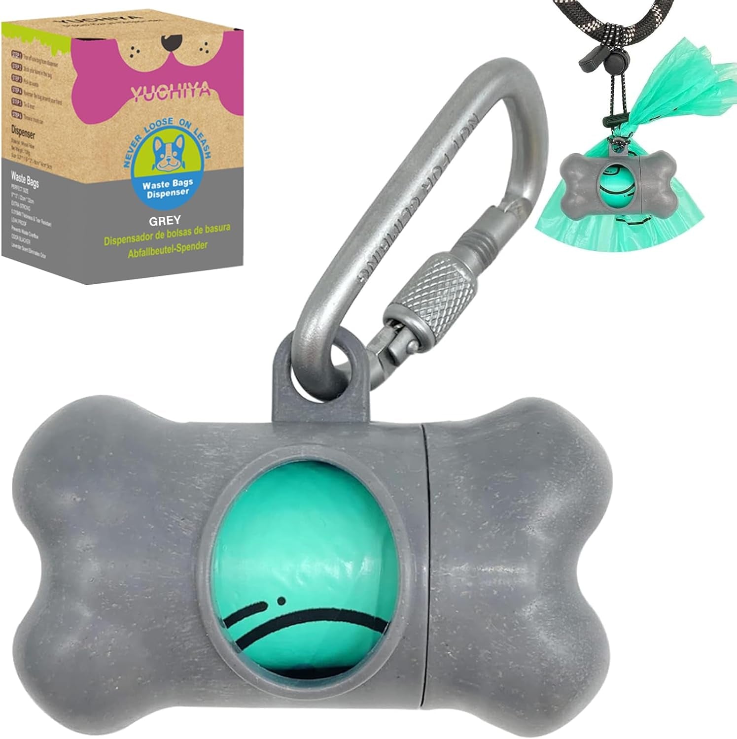 Dog Poop Pickup Bags Holder Dispenser with Standard-Sized Leak-Proof Scented Doggy Waste Bags and Carabiner with Safety Lock&Fastener Never Loose on Leash Lead Again (1 Holder 195 Bags, Blue)