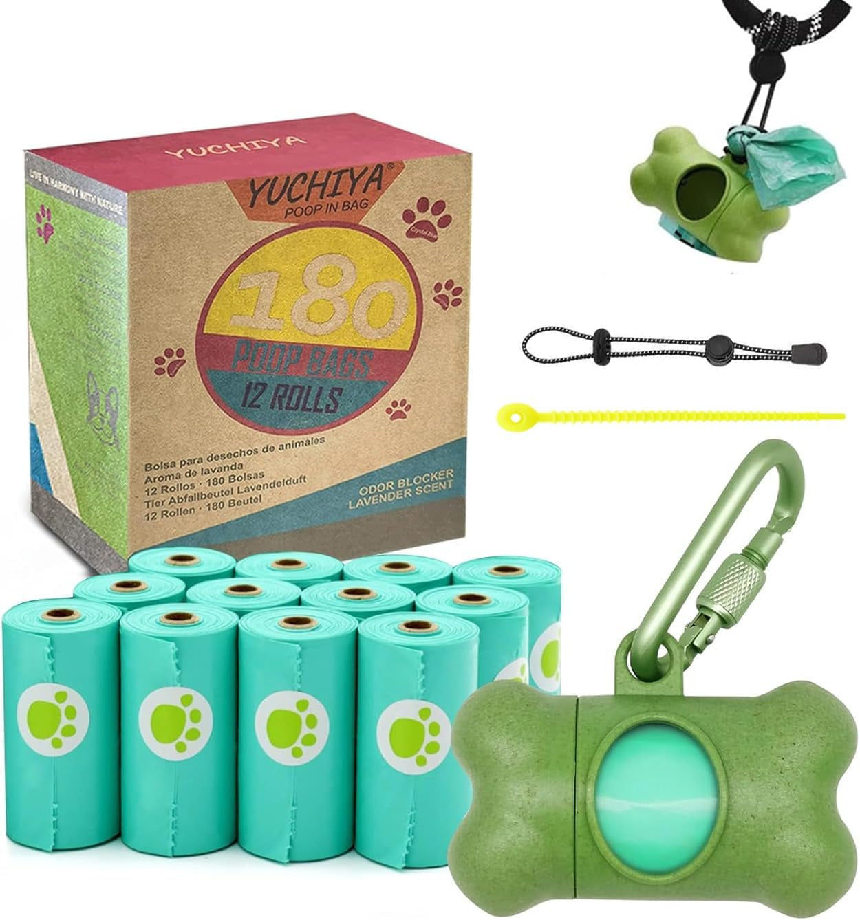 Dog Poop Pickup Bags Holder Dispenser with Standard-Sized Leak-Proof Scented Doggy Waste Bags and Carabiner with Safety Lock&Fastener Never Loose on Leash Lead Again (1 Holder 195 Bags, Blue)