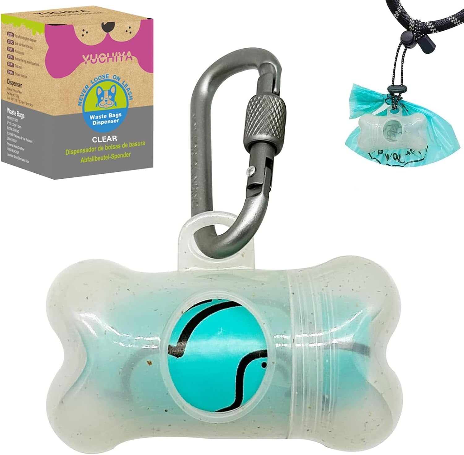 Dog Poop Pickup Bags Holder Dispenser with Standard-Sized Leak-Proof Scented Doggy Waste Bags and Carabiner with Safety Lock&Fastener Never Loose on Leash Lead Again (1 Holder 195 Bags, Blue)