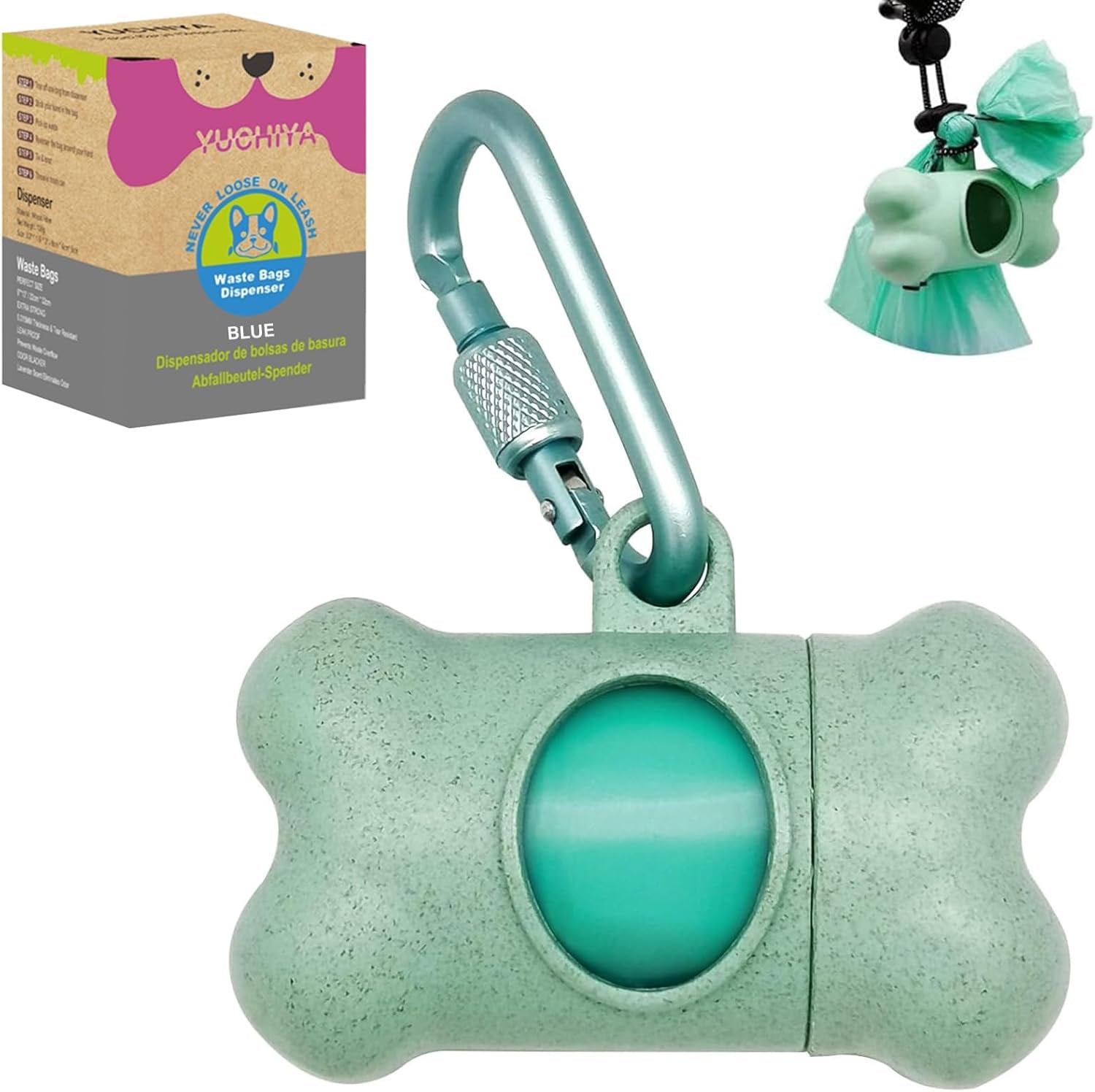 Dog Poop Pickup Bags Holder Dispenser with Standard-Sized Leak-Proof Scented Doggy Waste Bags and Carabiner with Safety Lock&Fastener Never Loose on Leash Lead Again (1 Holder 195 Bags, Blue)