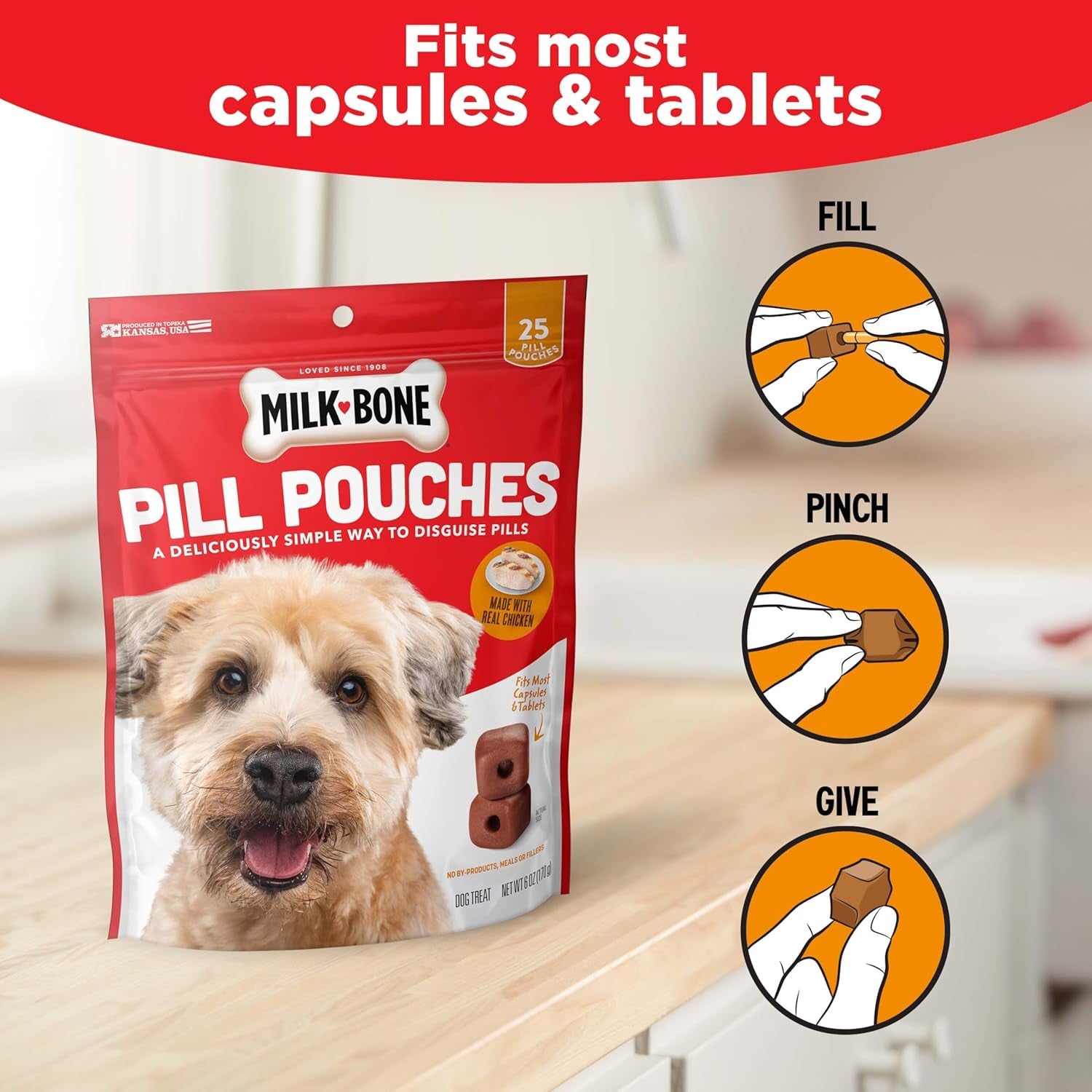 Milk-Bone Pill Pouches: Delicious Chicken Treats for Easy Medication - 125 Soft Chewy Treats in 5 Convenient Bags