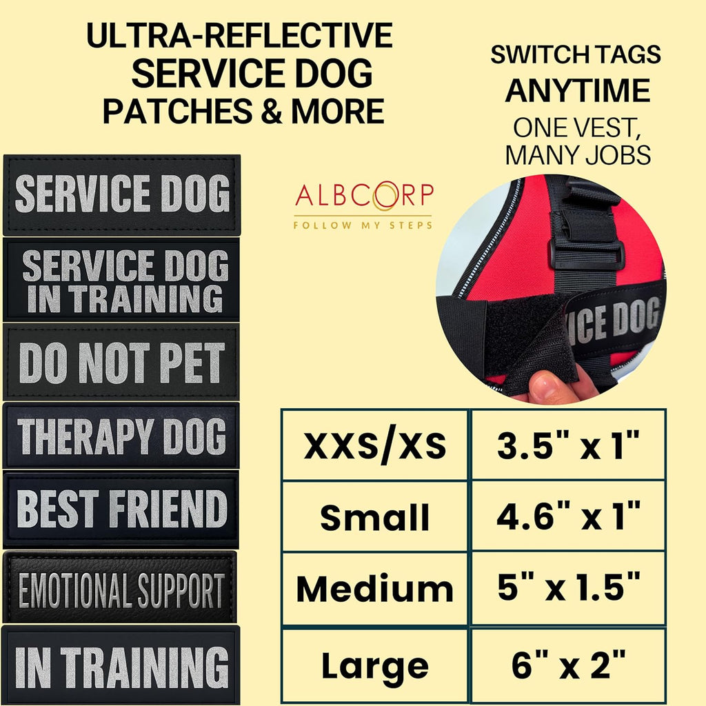 Albcorp Reflective Service Dog Patches - Easy-Change Hook Backing for Vests & Harnesses, Small Size (4.6 x 1 Inch), Set of 2