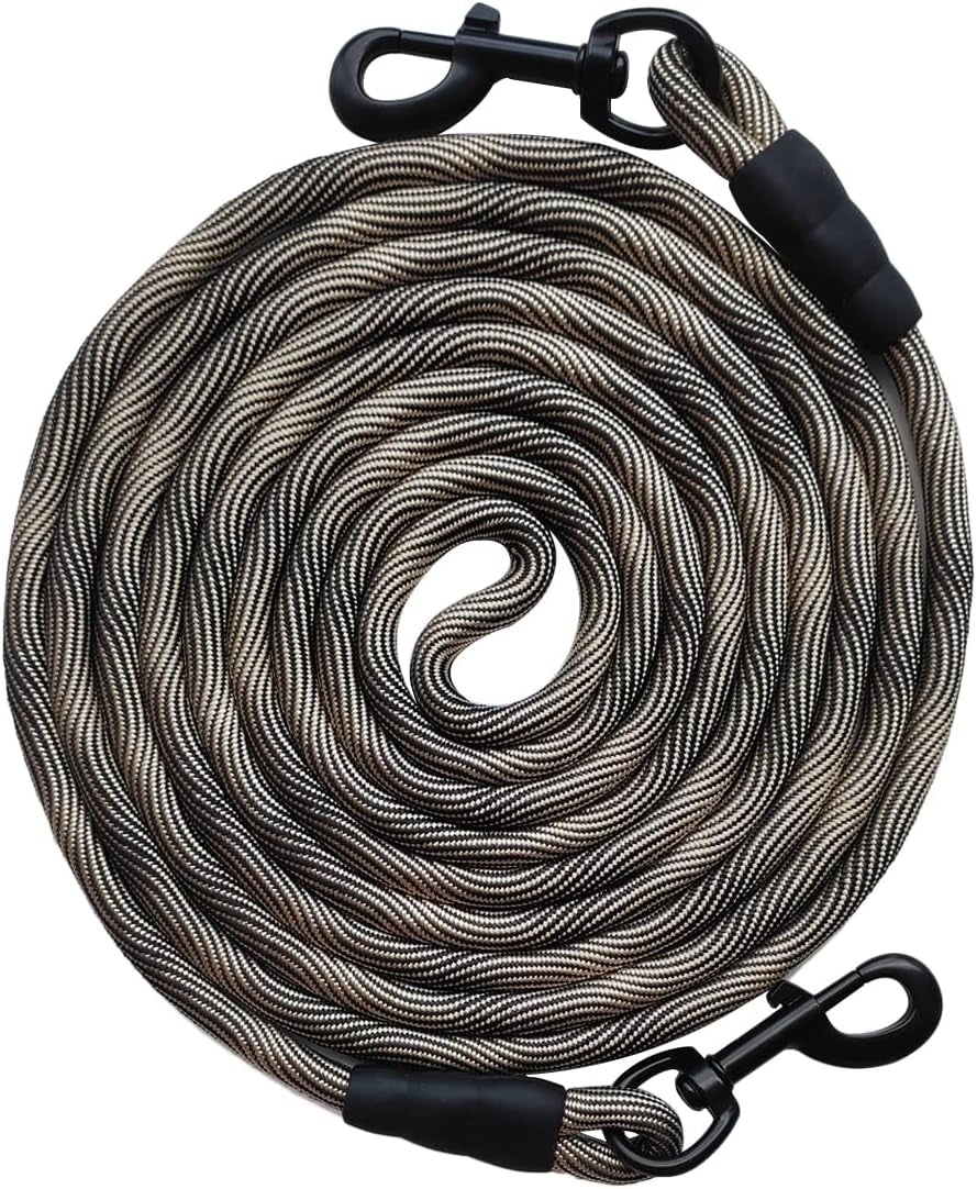 BTINESFUL Tie-Out Check Cord Long Rope Dog Tether, 8Ft 12Ft 20Ft 30Ft 50Ft Dog Lead for Yard, Large Medium Dogs Oudoor Training, Playing, Camping, or Backyard (30Ft, Beige Black)