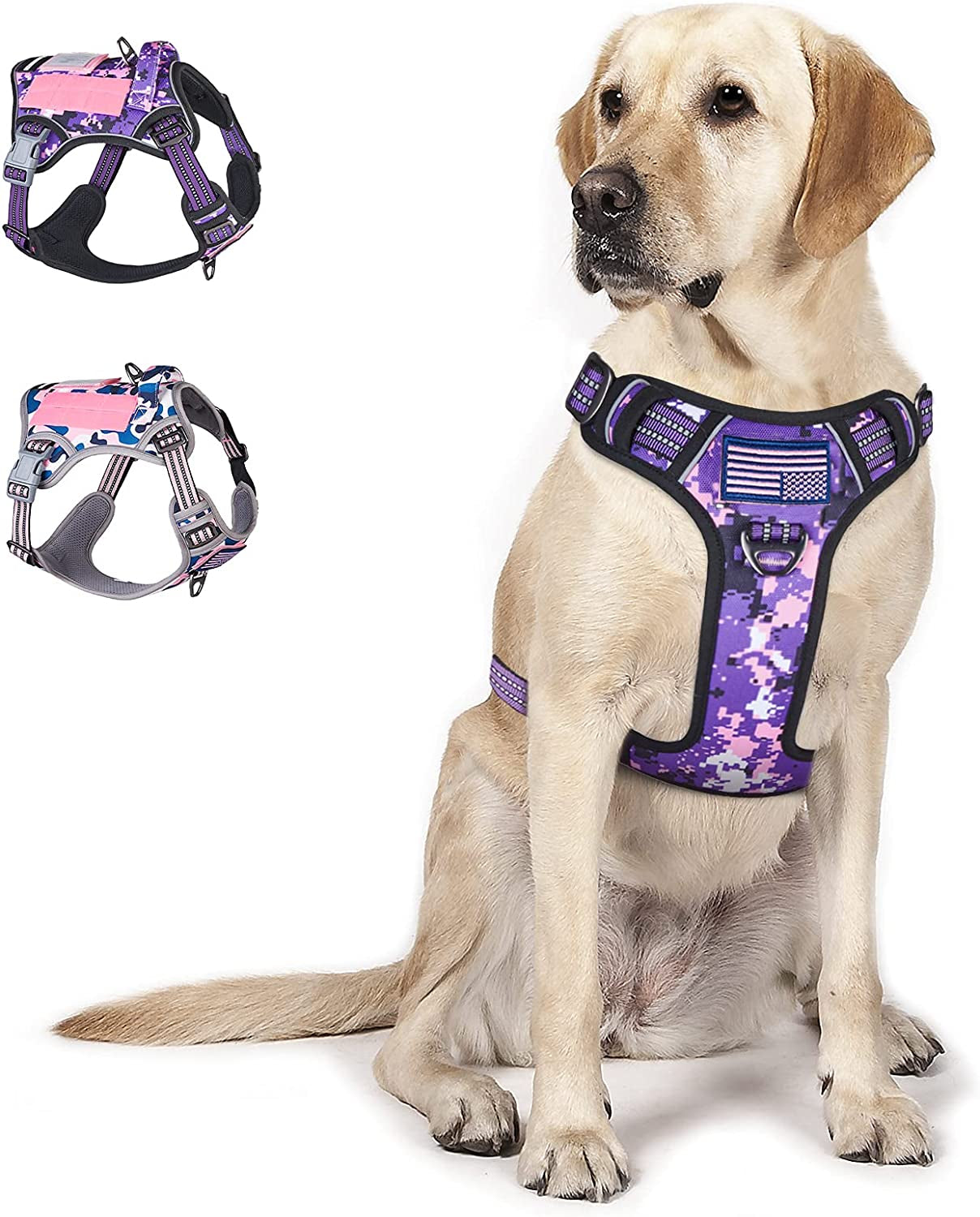 BUMBIN Tactical Dog Harness for Small Dogs No Pull, Famous TIK Tok No Pull Puppy Harness, Fit Smart Reflective Pet Walking Harness for Training, Adjustable Dog Vest Harness with Handle Purple Camo XS