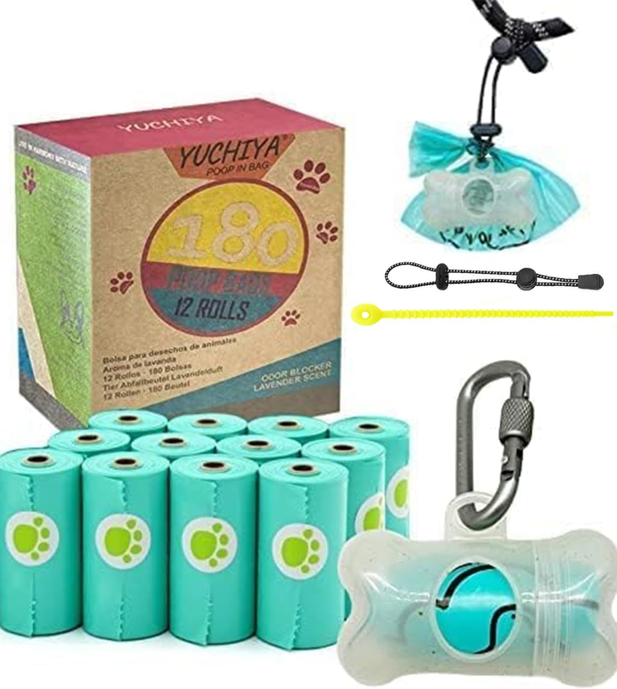 Dog Poop Pickup Bags Holder Dispenser with Standard-Sized Leak-Proof Scented Doggy Waste Bags and Carabiner with Safety Lock&Fastener Never Loose on Leash Lead Again (1 Holder 195 Bags, Blue)