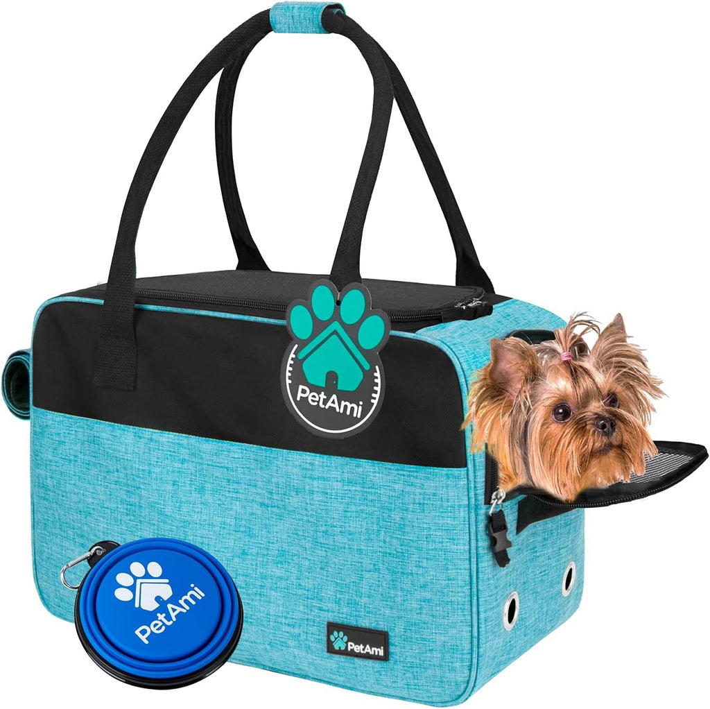 Petami Dog Purse Carrier for Small Dogs Cats, TSA Airline Approved Soft-Sided Pet Carrier with Pockets, Ventilated Travel Tote Bag with Bed & Shoulder Strap, Puppy Kitten, Max 12 Lbs, Turquoise