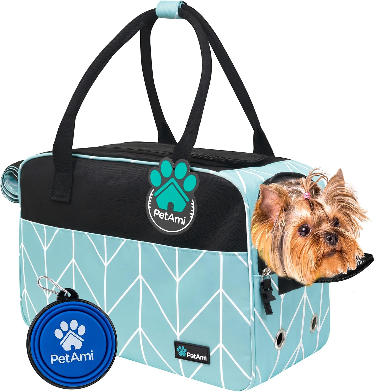 Petami Dog Purse Carrier for Small Dogs Cats, TSA Airline Approved Soft-Sided Pet Carrier with Pockets, Ventilated Travel Tote Bag with Bed & Shoulder Strap, Puppy Kitten, Max 12 Lbs, Turquoise