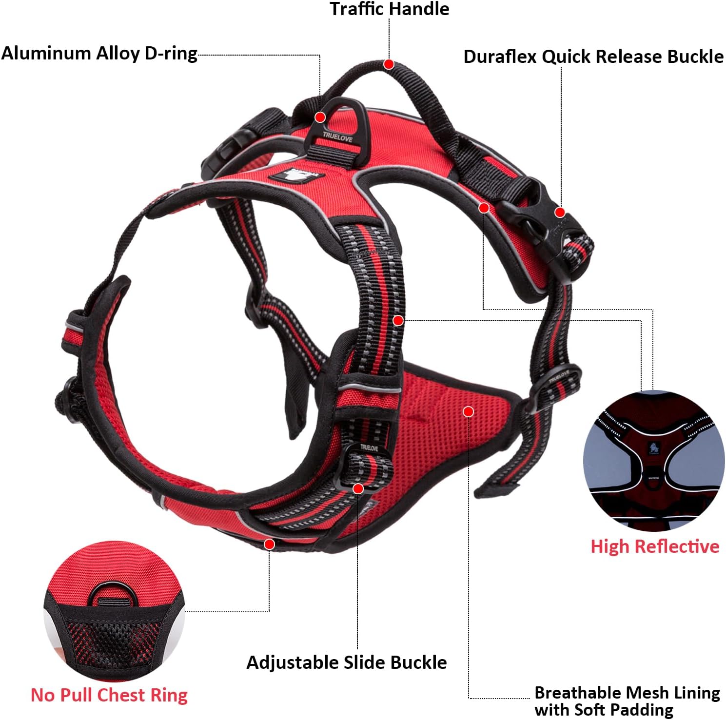 TRUE LOVE Adjustable No-Pull Dog Harness Reflective Pup Vest Harnesses Comfortable Control Brilliant Colors Truelove Tlh5651(Royal Blue,L)