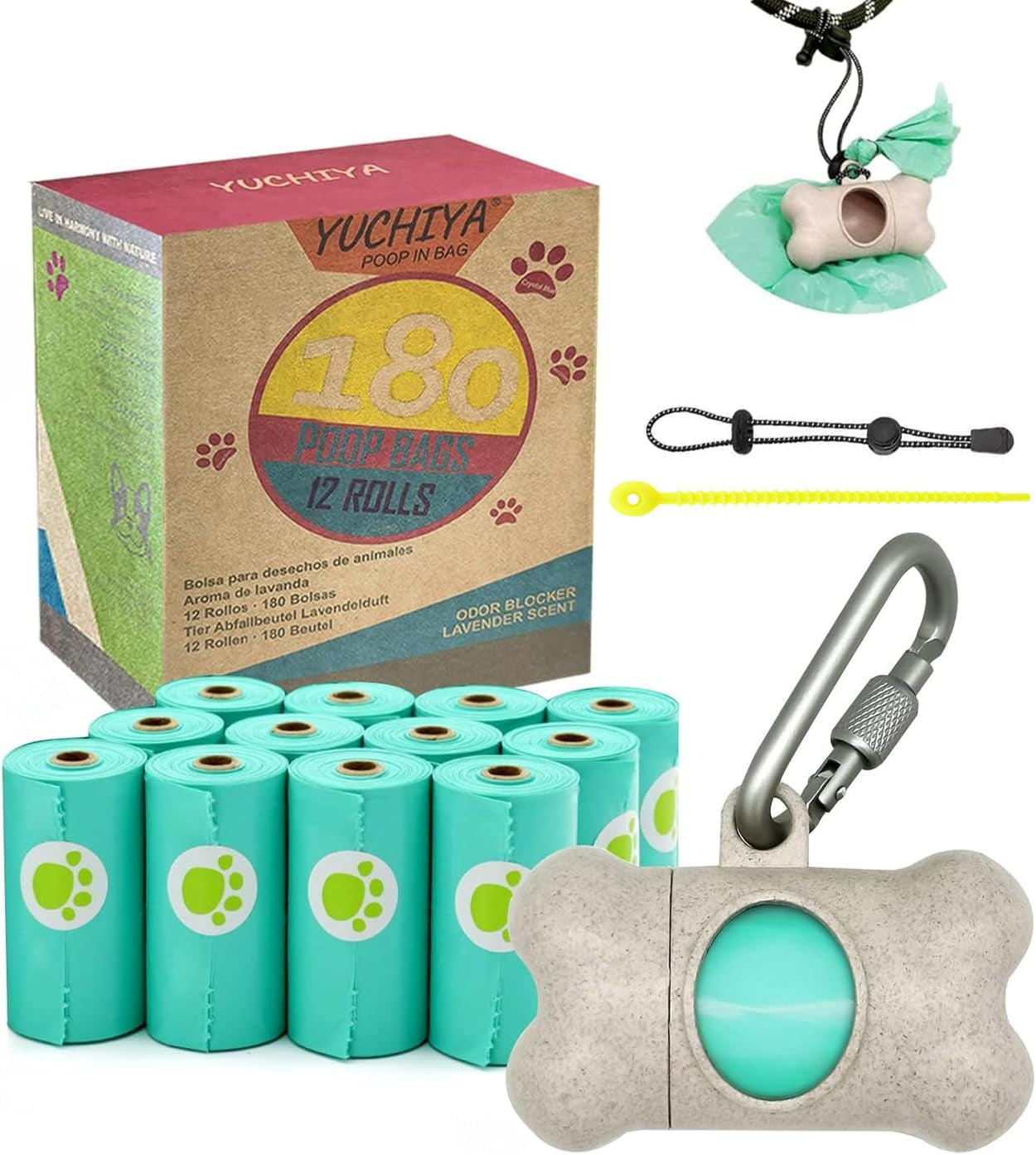 Dog Poop Pickup Bags Holder Dispenser with Standard-Sized Leak-Proof Scented Doggy Waste Bags and Carabiner with Safety Lock&Fastener Never Loose on Leash Lead Again (1 Holder 195 Bags, Blue)