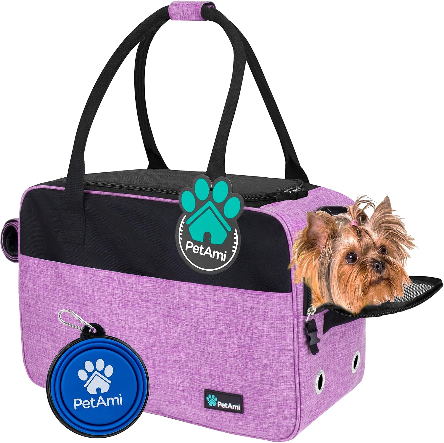 Petami Dog Purse Carrier for Small Dogs Cats, TSA Airline Approved Soft-Sided Pet Carrier with Pockets, Ventilated Travel Tote Bag with Bed & Shoulder Strap, Puppy Kitten, Max 12 Lbs, Turquoise