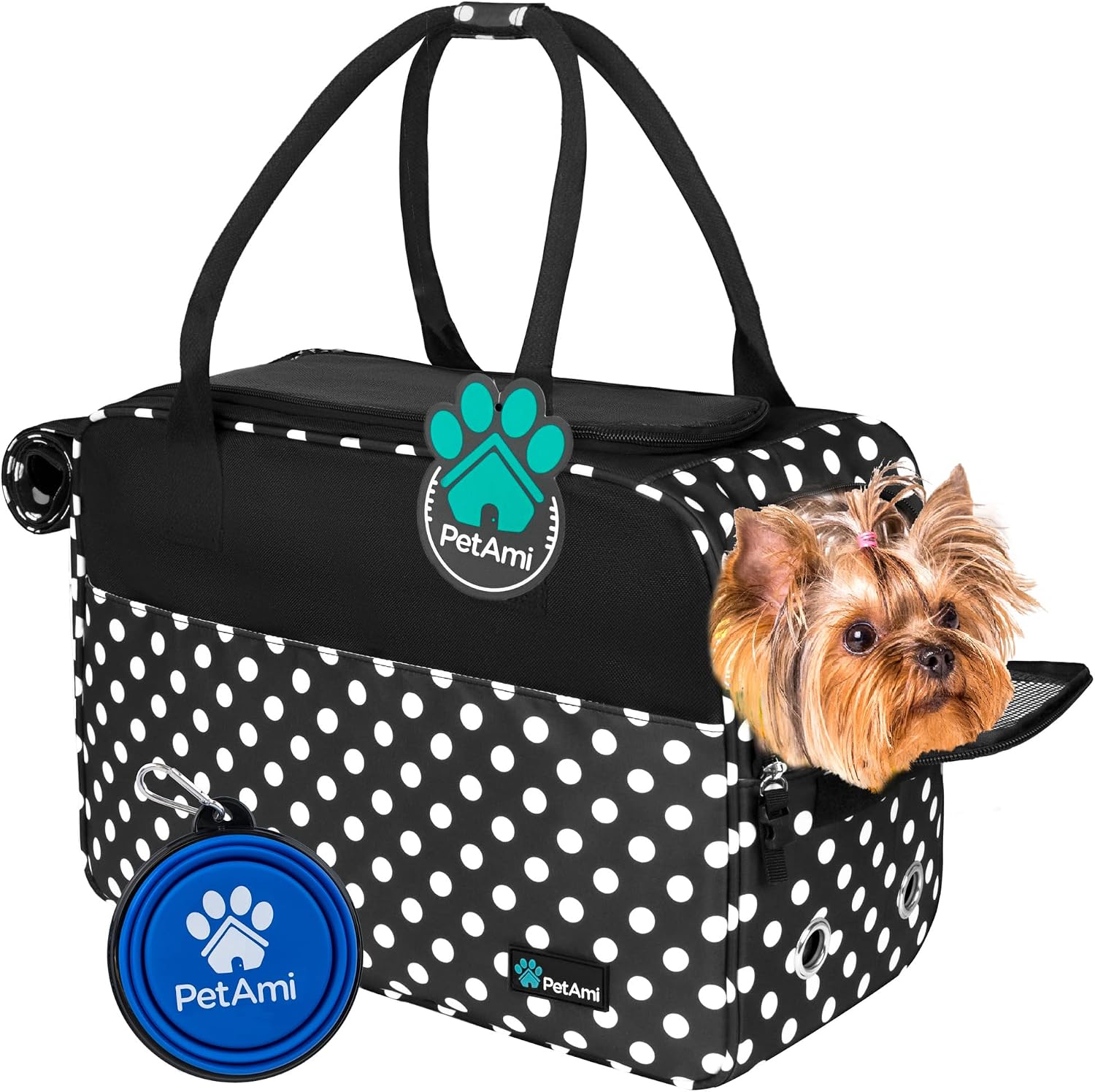 Petami Dog Purse Carrier for Small Dogs Cats, TSA Airline Approved Soft-Sided Pet Carrier with Pockets, Ventilated Travel Tote Bag with Bed & Shoulder Strap, Puppy Kitten, Max 12 Lbs, Turquoise