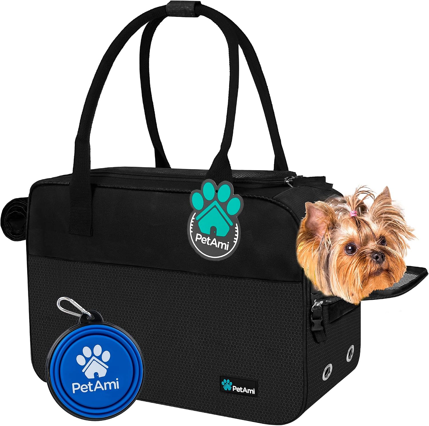 Petami Dog Purse Carrier for Small Dogs Cats, TSA Airline Approved Soft-Sided Pet Carrier with Pockets, Ventilated Travel Tote Bag with Bed & Shoulder Strap, Puppy Kitten, Max 12 Lbs, Turquoise