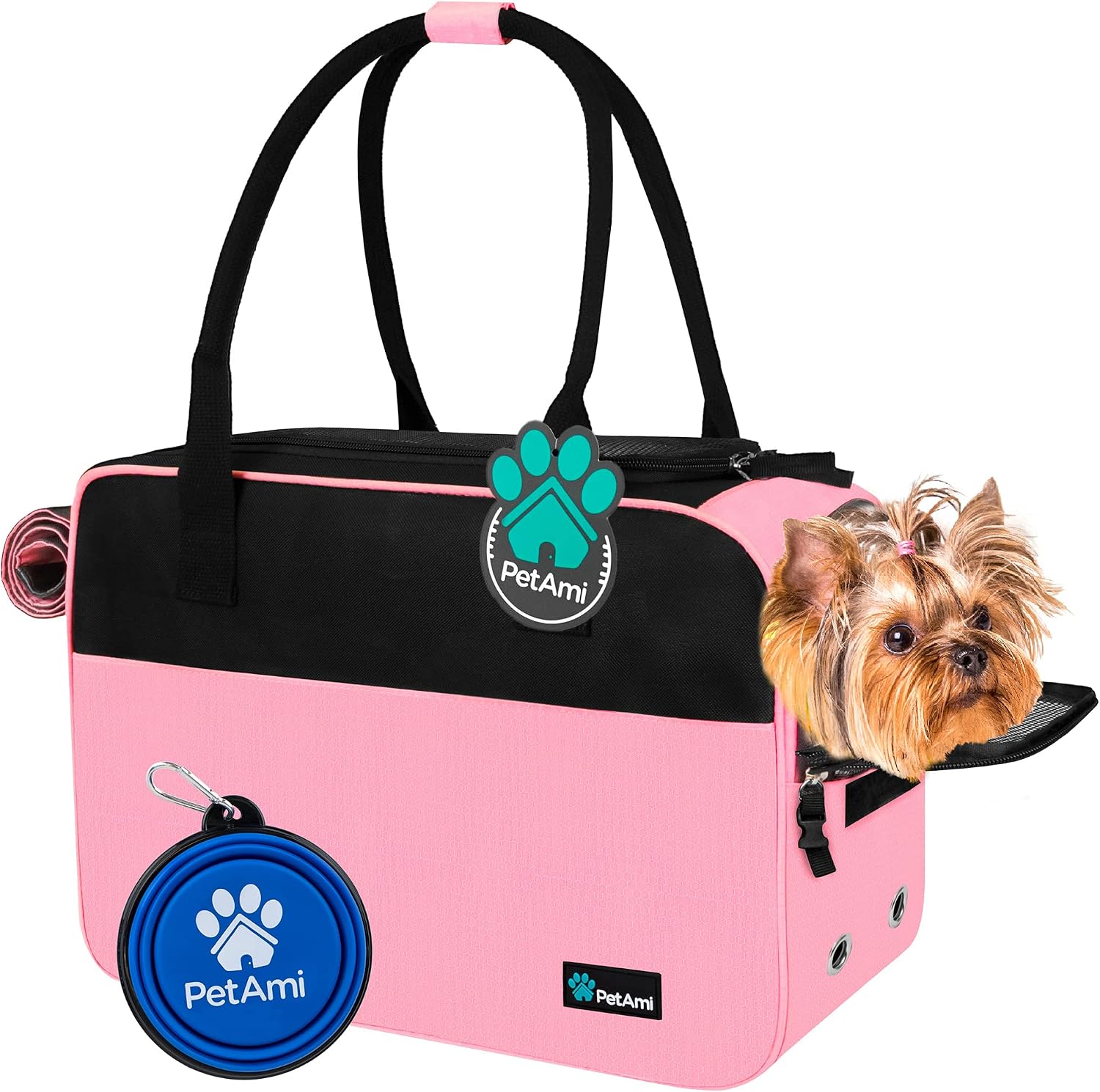 Petami Dog Purse Carrier for Small Dogs Cats, TSA Airline Approved Soft-Sided Pet Carrier with Pockets, Ventilated Travel Tote Bag with Bed & Shoulder Strap, Puppy Kitten, Max 12 Lbs, Turquoise
