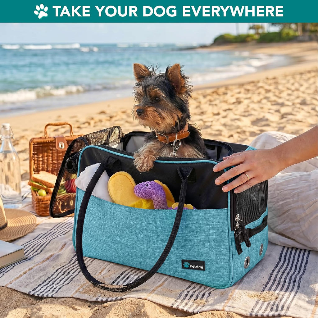 Petami Dog Purse Carrier for Small Dogs Cats, TSA Airline Approved Soft-Sided Pet Carrier with Pockets, Ventilated Travel Tote Bag with Bed & Shoulder Strap, Puppy Kitten, Max 12 Lbs, Turquoise