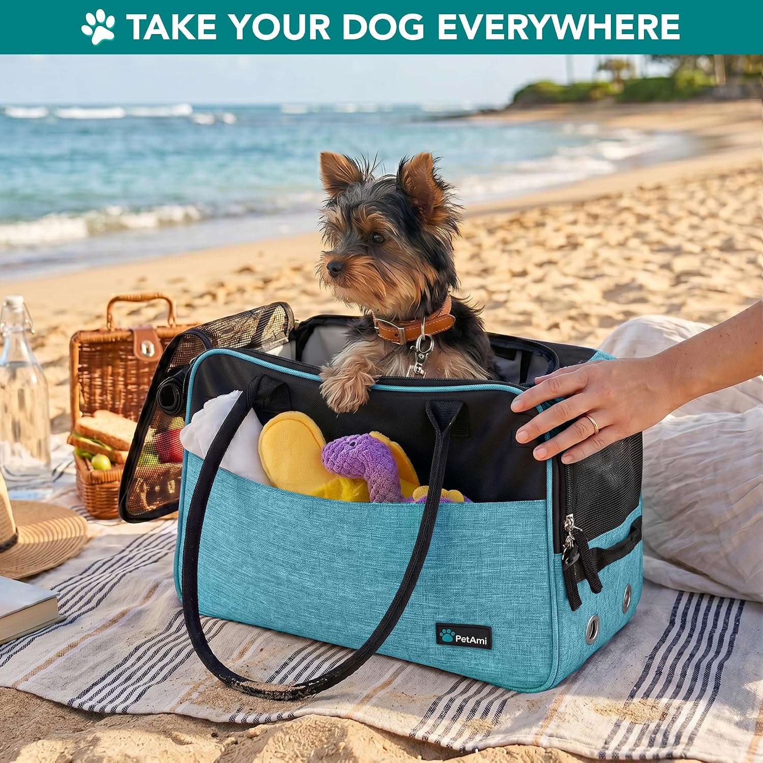 Petami Dog Purse Carrier for Small Dogs Cats, TSA Airline Approved Soft-Sided Pet Carrier with Pockets, Ventilated Travel Tote Bag with Bed & Shoulder Strap, Puppy Kitten, Max 12 Lbs, Turquoise