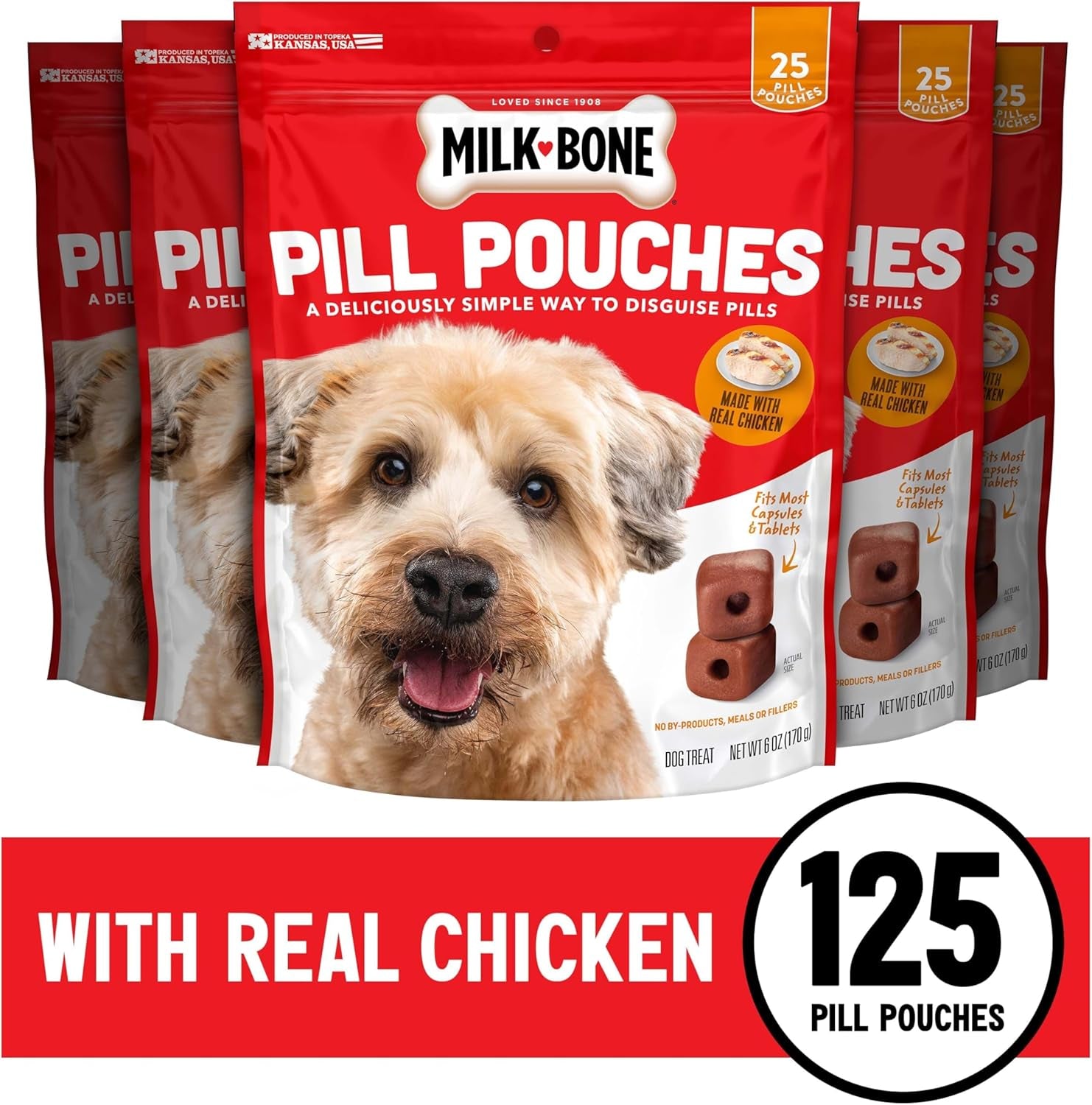 Milk-Bone Pill Pouches: Delicious Chicken Treats for Easy Medication - 125 Soft Chewy Treats in 5 Convenient Bags