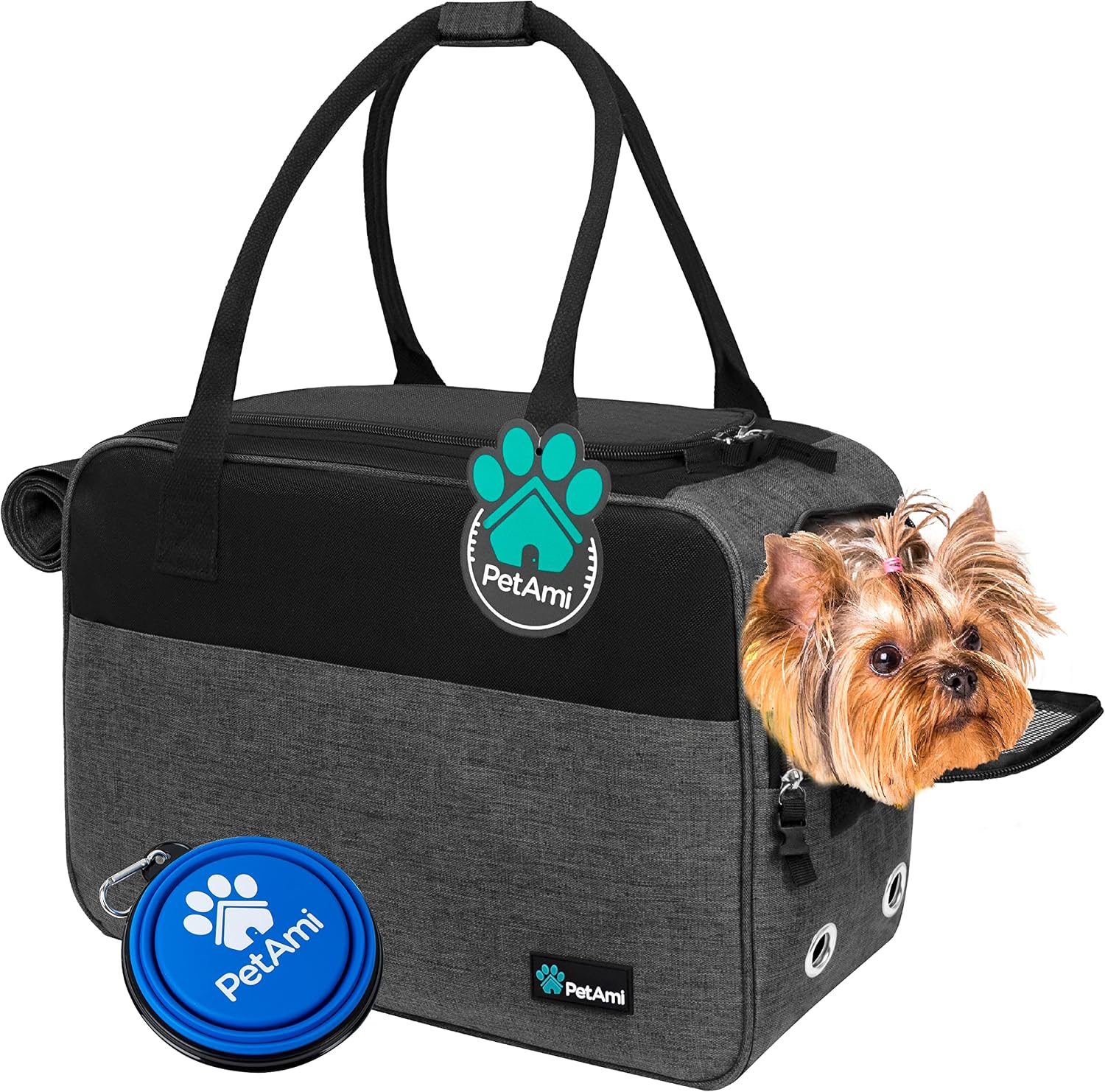 Petami Dog Purse Carrier for Small Dogs Cats, TSA Airline Approved Soft-Sided Pet Carrier with Pockets, Ventilated Travel Tote Bag with Bed & Shoulder Strap, Puppy Kitten, Max 12 Lbs, Turquoise