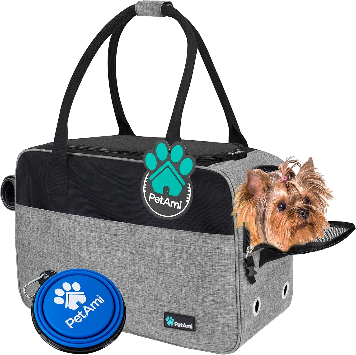Petami Dog Purse Carrier for Small Dogs Cats, TSA Airline Approved Soft-Sided Pet Carrier with Pockets, Ventilated Travel Tote Bag with Bed & Shoulder Strap, Puppy Kitten, Max 12 Lbs, Turquoise