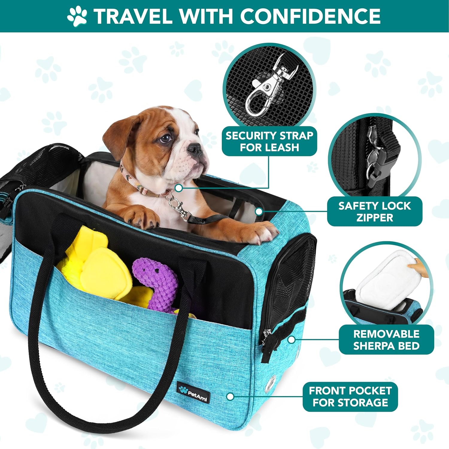 Petami Dog Purse Carrier for Small Dogs Cats, TSA Airline Approved Soft-Sided Pet Carrier with Pockets, Ventilated Travel Tote Bag with Bed & Shoulder Strap, Puppy Kitten, Max 12 Lbs, Turquoise