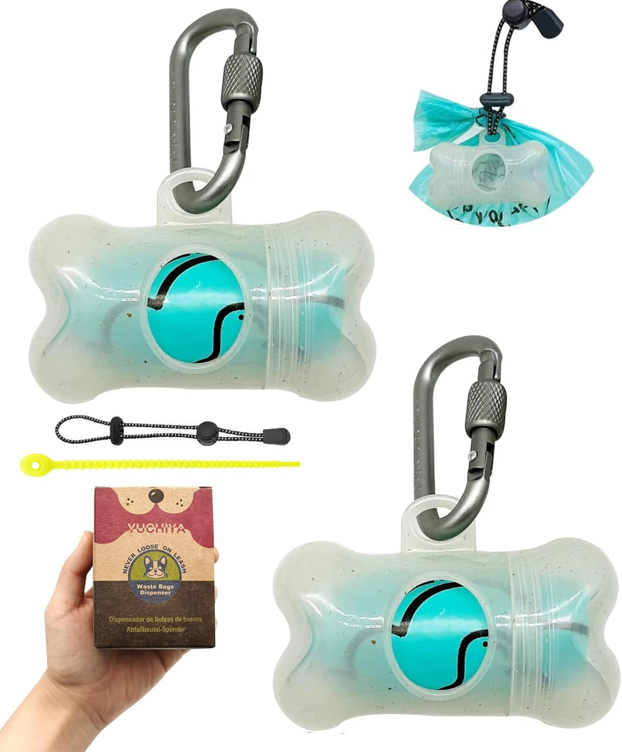 Dog Poop Pickup Bags Holder Dispenser with Standard-Sized Leak-Proof Scented Doggy Waste Bags and Carabiner with Safety Lock&Fastener Never Loose on Leash Lead Again (1 Holder 195 Bags, Blue)