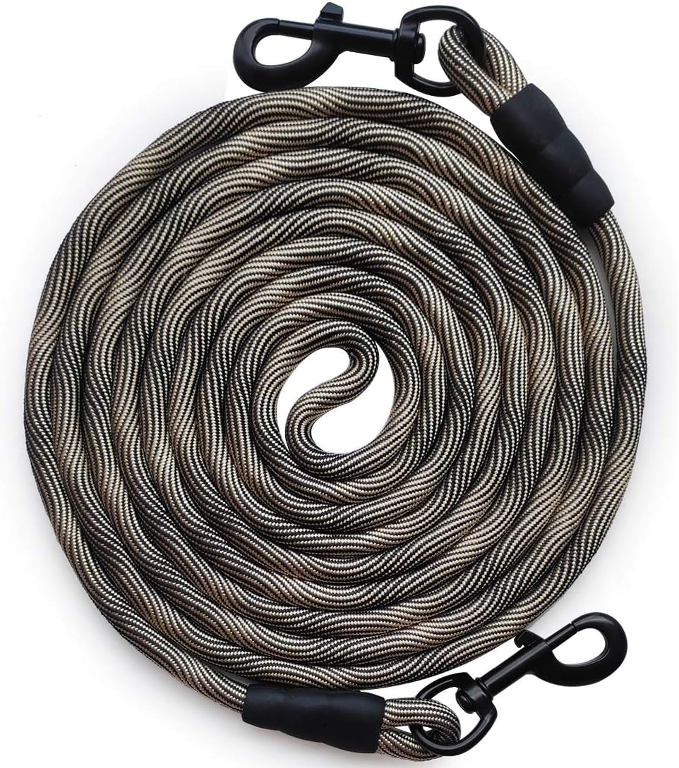 BTINESFUL Tie-Out Check Cord Long Rope Dog Tether, 8Ft 12Ft 20Ft 30Ft 50Ft Dog Lead for Yard, Large Medium Dogs Oudoor Training, Playing, Camping, or Backyard (30Ft, Beige Black)