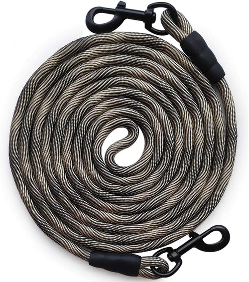 BTINESFUL Tie-Out Check Cord Long Rope Dog Tether, 8Ft 12Ft 20Ft 30Ft 50Ft Dog Lead for Yard, Large Medium Dogs Oudoor Training, Playing, Camping, or Backyard (30Ft, Beige Black)