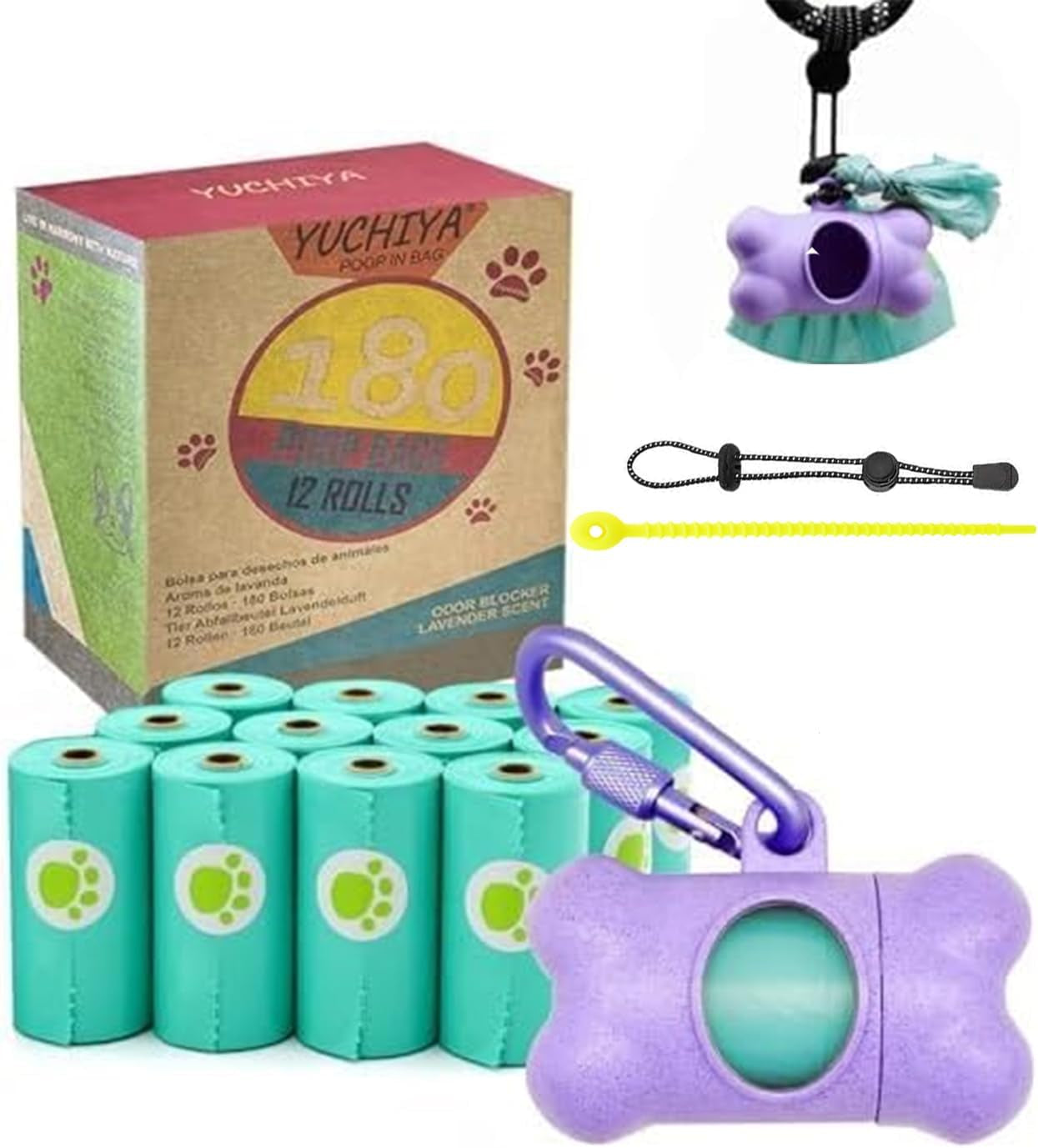 Dog Poop Pickup Bags Holder Dispenser with Standard-Sized Leak-Proof Scented Doggy Waste Bags and Carabiner with Safety Lock&Fastener Never Loose on Leash Lead Again (1 Holder 195 Bags, Blue)