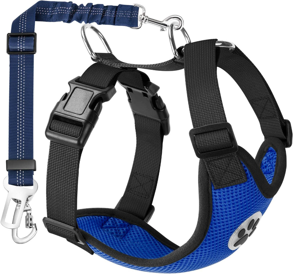 Lukovee Adjustable Dog Car Harness & Seat Belt - Ultimate Comfort & Safety for All Breeds (Blue, Medium)