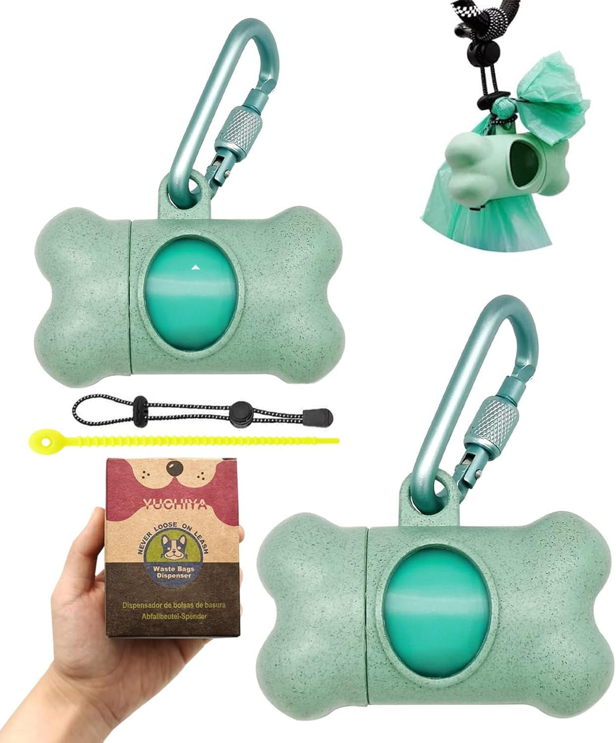 Dog Poop Pickup Bags Holder Dispenser with Standard-Sized Leak-Proof Scented Doggy Waste Bags and Carabiner with Safety Lock&Fastener Never Loose on Leash Lead Again (1 Holder 195 Bags, Blue)