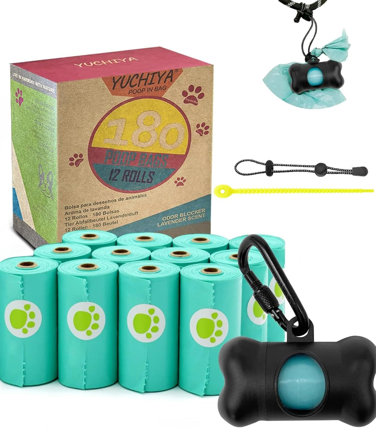 Dog Poop Pickup Bags Holder Dispenser with Standard-Sized Leak-Proof Scented Doggy Waste Bags and Carabiner with Safety Lock&Fastener Never Loose on Leash Lead Again (1 Holder 195 Bags, Blue)