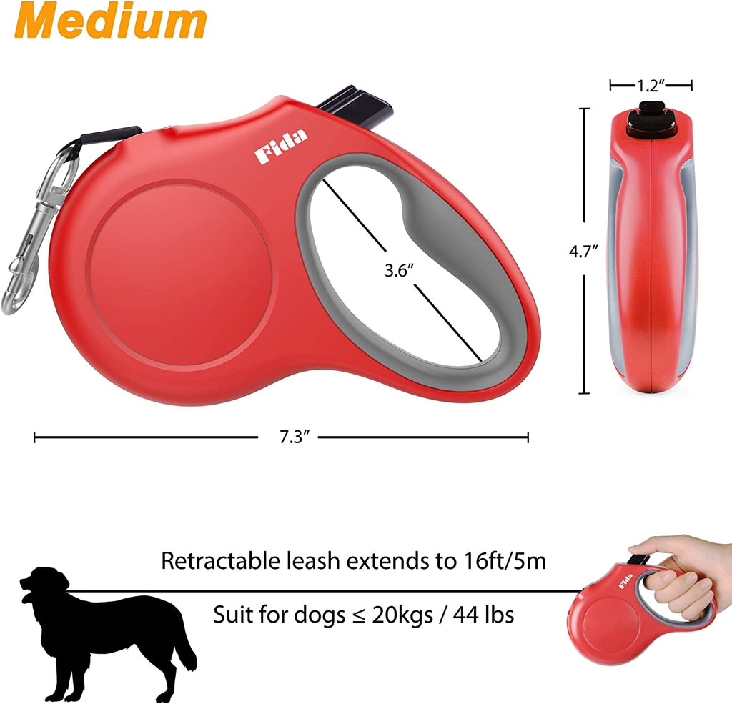 Fida 16 Ft Retractable Dog Leash - Durable, Tangle-Free with Reflective Nylon Tape & Bonus Poop Bags for Medium Dogs and Cats up to 44 Lbs - Comfortable Anti-Slip Handle in Red
