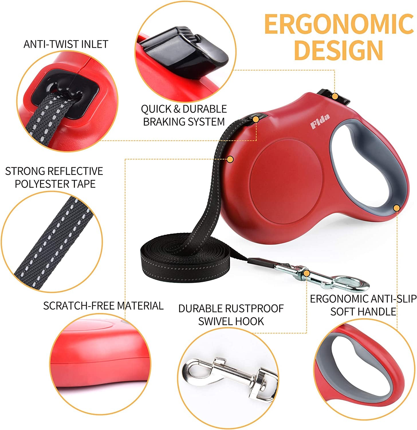 Fida 16 Ft Retractable Dog Leash - Durable, Tangle-Free with Reflective Nylon Tape & Bonus Poop Bags for Medium Dogs and Cats up to 44 Lbs - Comfortable Anti-Slip Handle in Red